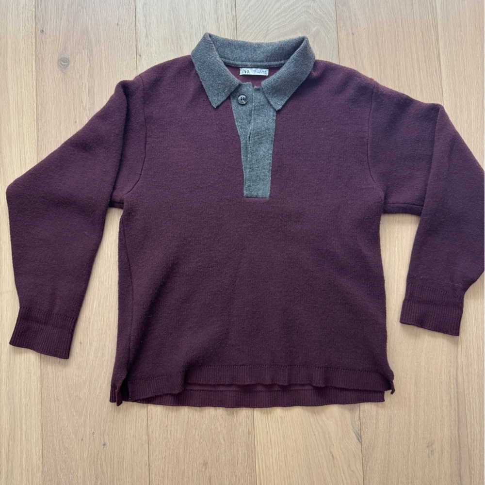 Zara Two-Tone Knit Polo Sweater in Burgundy and Gray